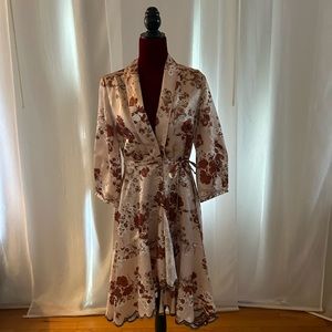 Hemant & Nandita floral satin dress w/ scalloped edge hem trimmed in lace